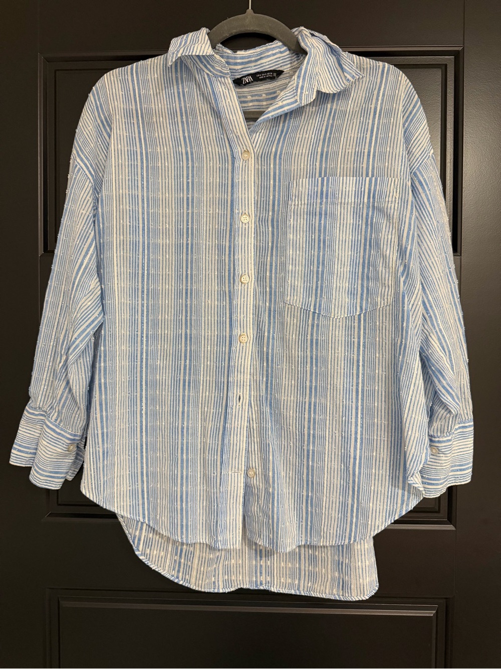 Zara Blue White Striped Metallic Button Down Shirt Size S
